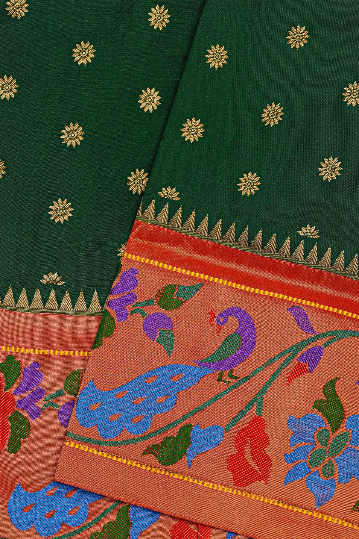 Narayanpet Silk Bottle Green Saree With Florals And Peacocks Paithani Border