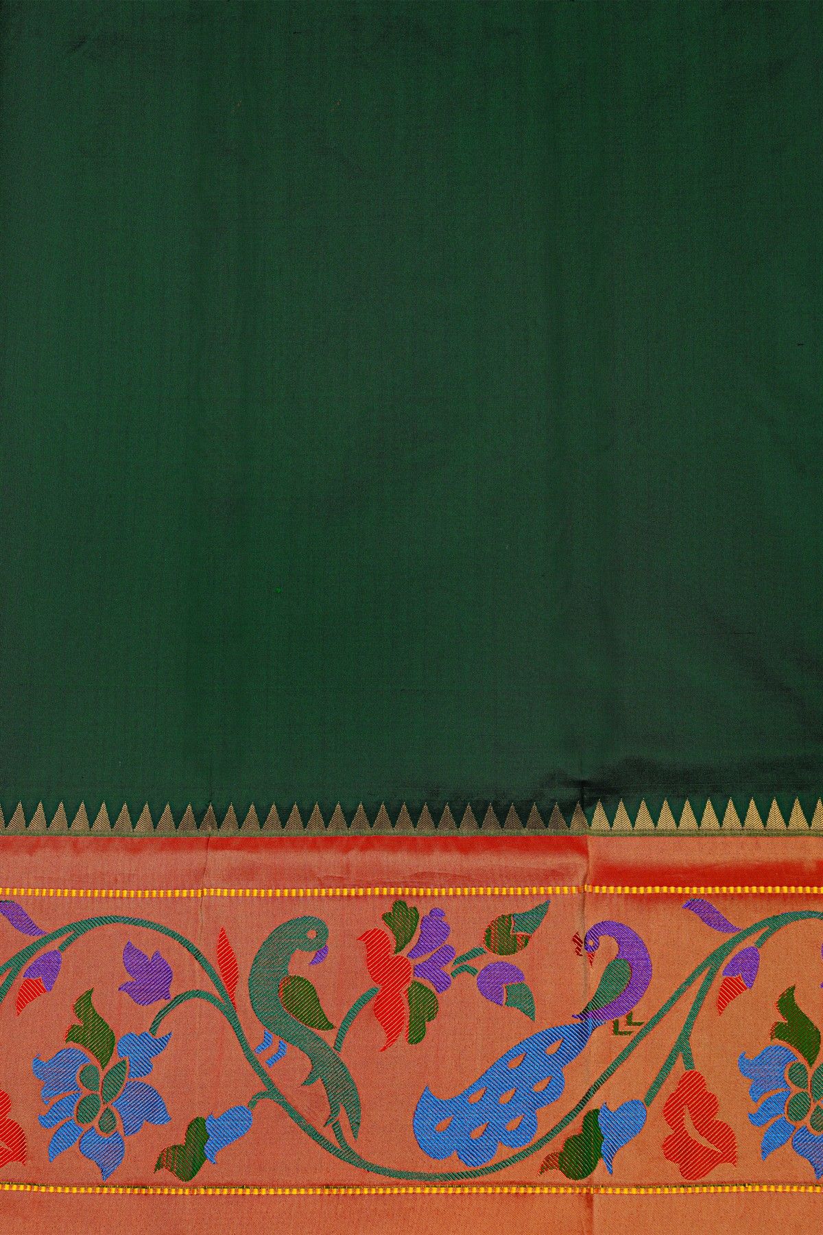 Narayanpet Silk Bottle Green Saree With Florals And Peacocks Paithani Border