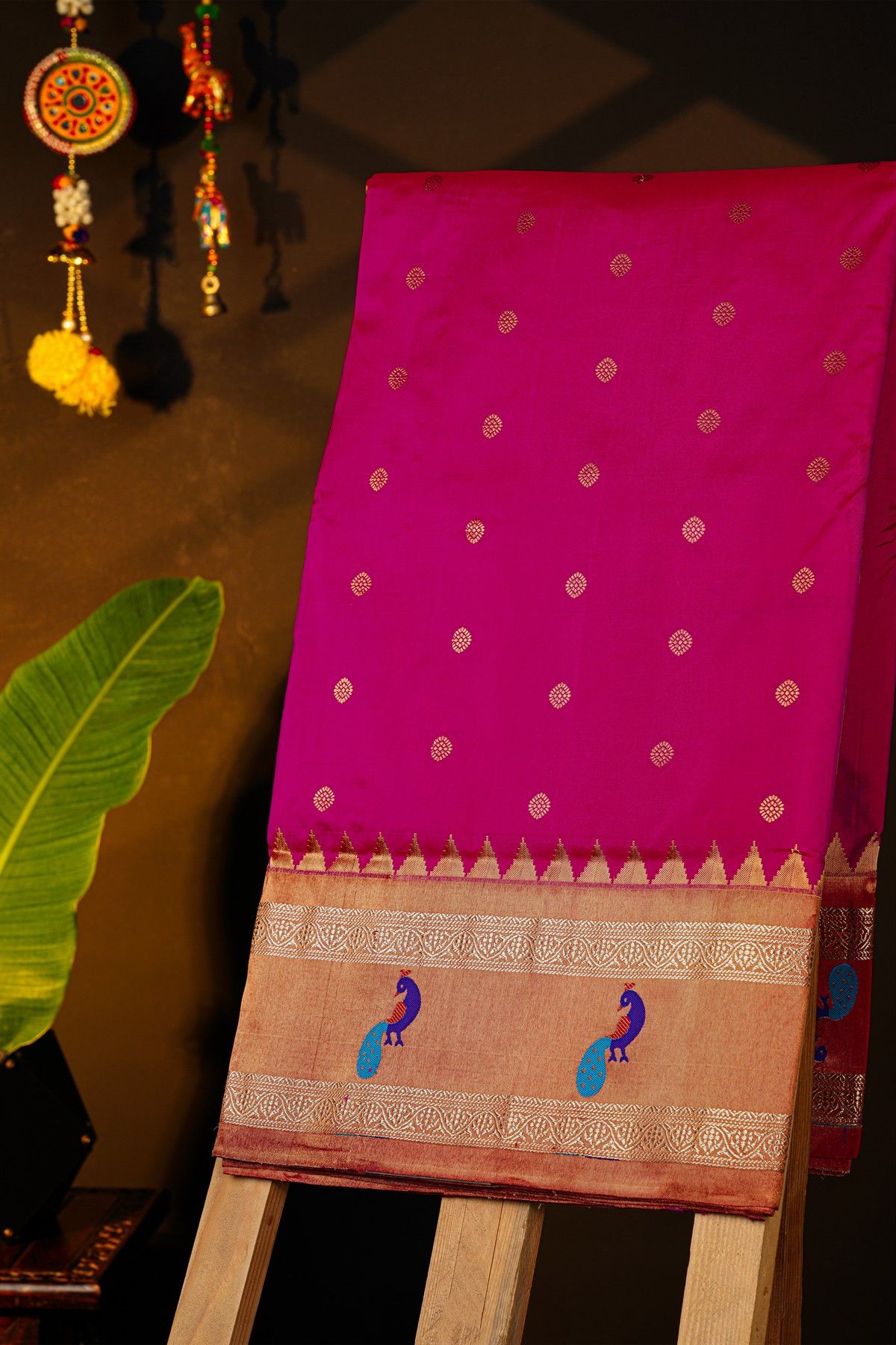 Narayanpet Silk Rani Pink Saree With Peacocks And Temple Border