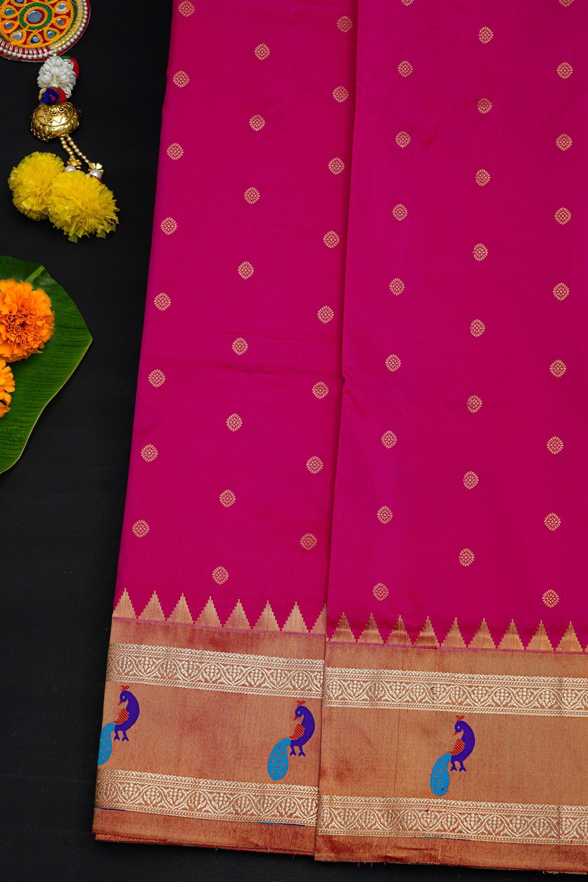 Narayanpet Silk Rani Pink Saree With Peacocks And Temple Border
