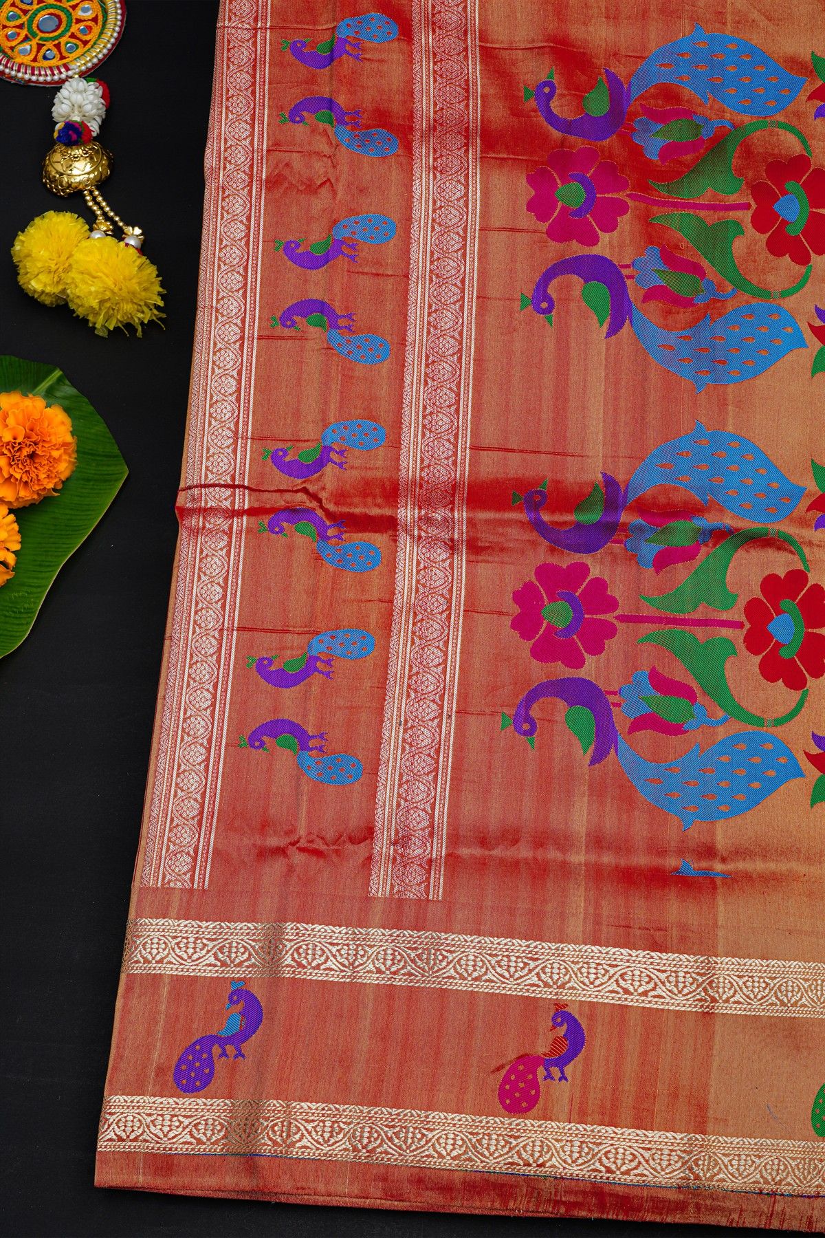 Narayanpet Silk Rani Pink Saree With Peacocks And Temple Border