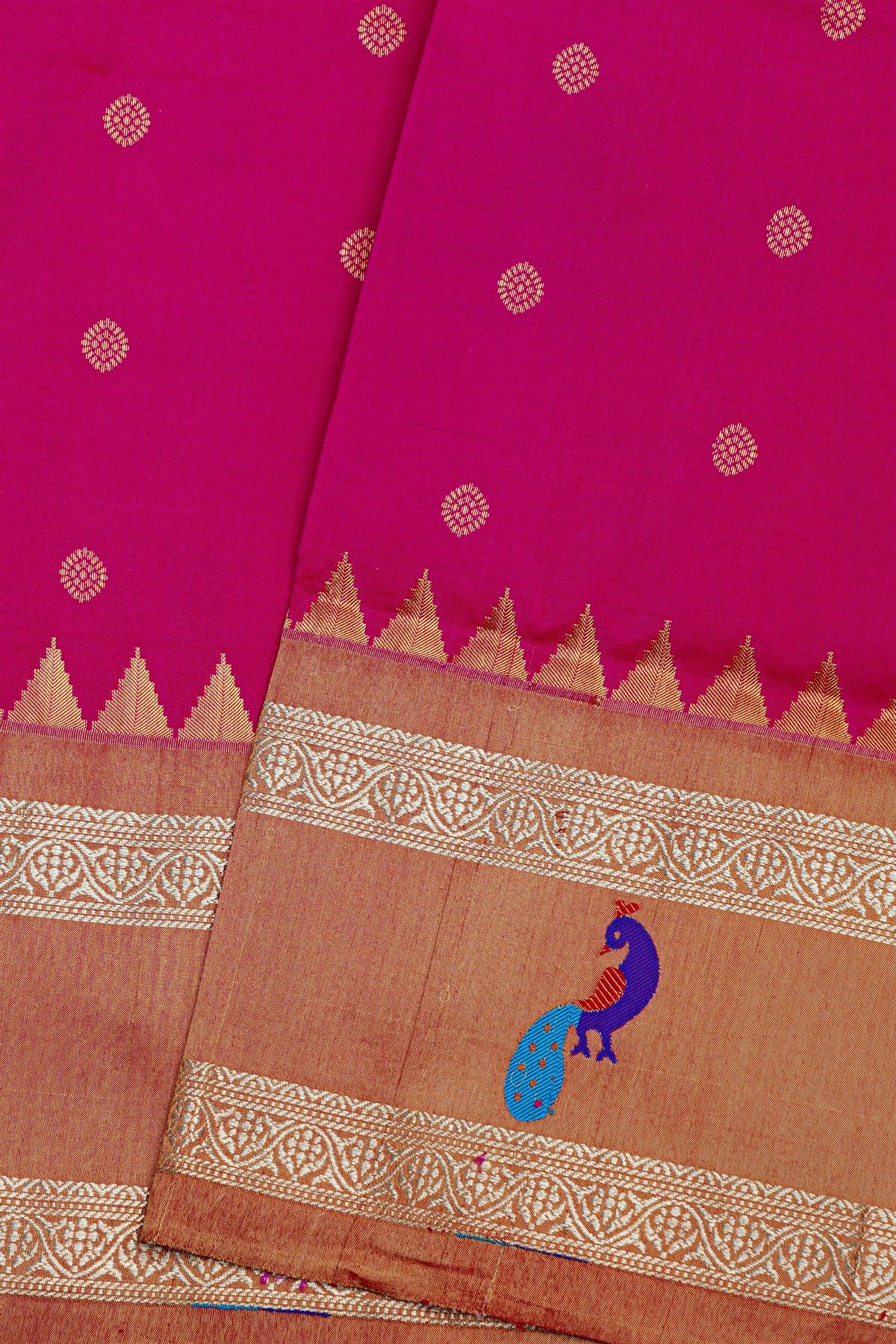 Narayanpet Silk Rani Pink Saree With Peacocks And Temple Border