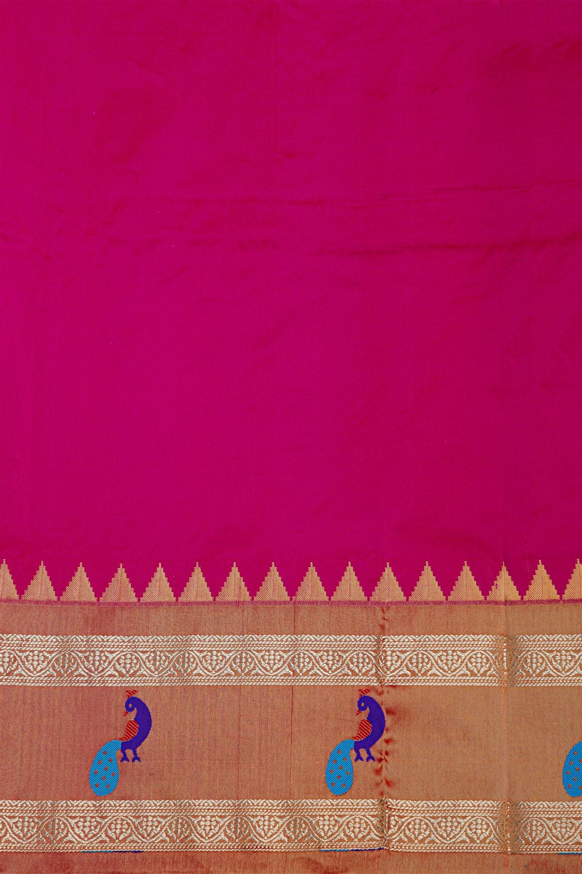 Narayanpet Silk Rani Pink Saree With Peacocks And Temple Border