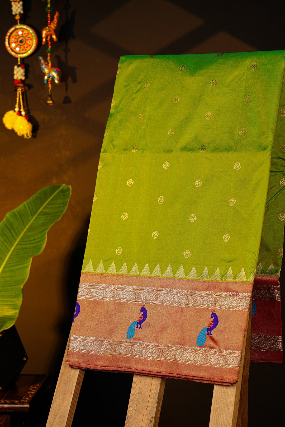 Narayanpet Silk Parrot Green Saree With Gap Border And Peacock Design