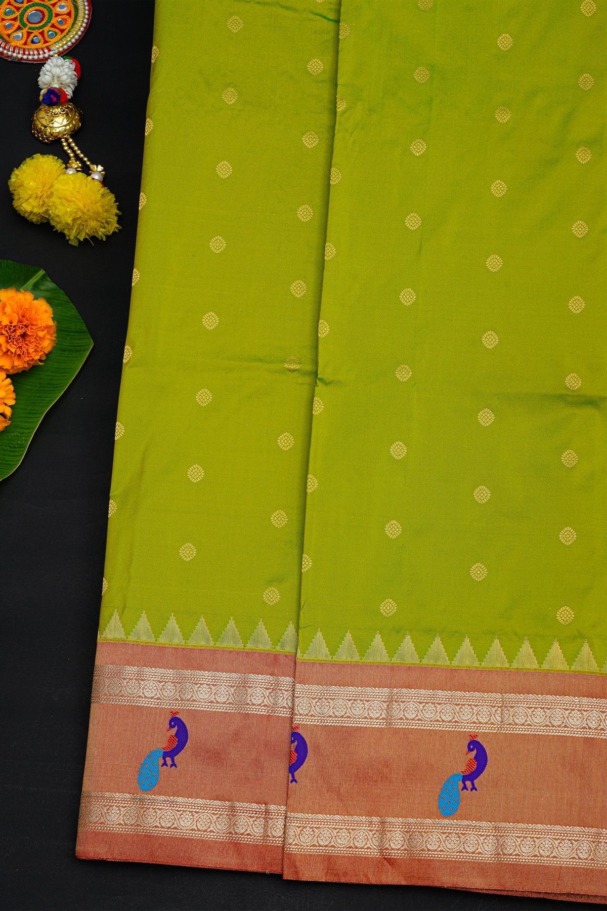 Narayanpet Silk Parrot Green Saree With Gap Border And Peacock Design