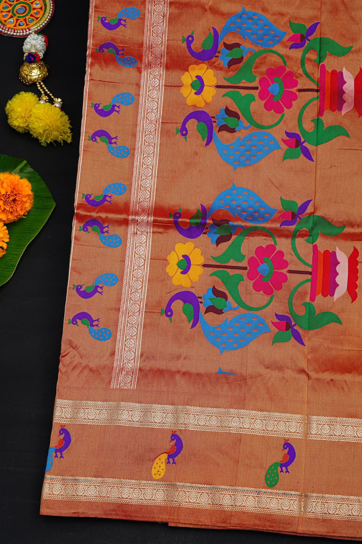 Narayanpet Silk Parrot Green Saree With Gap Border And Peacock Design