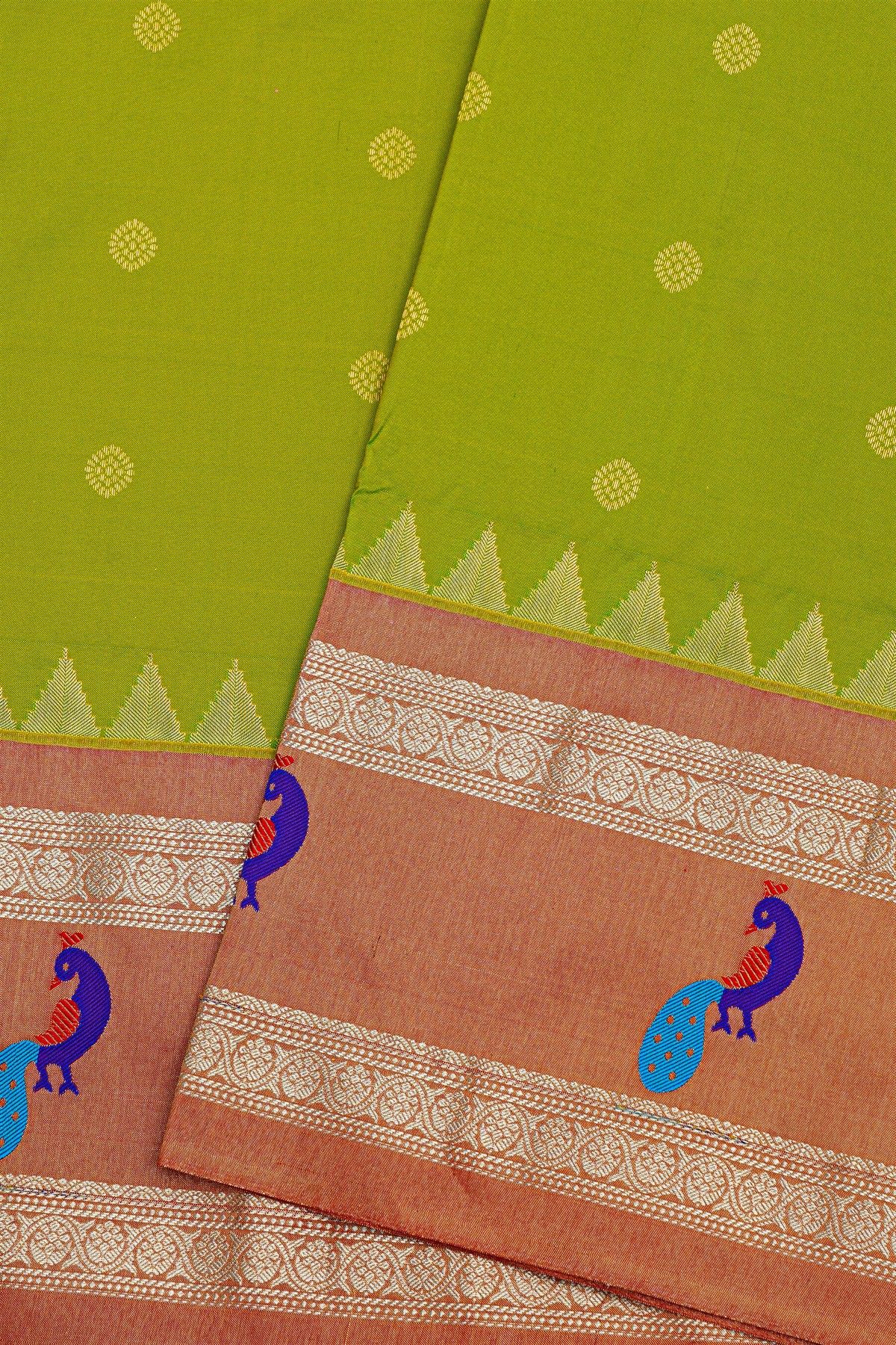Narayanpet Silk Parrot Green Saree With Gap Border And Peacock Design