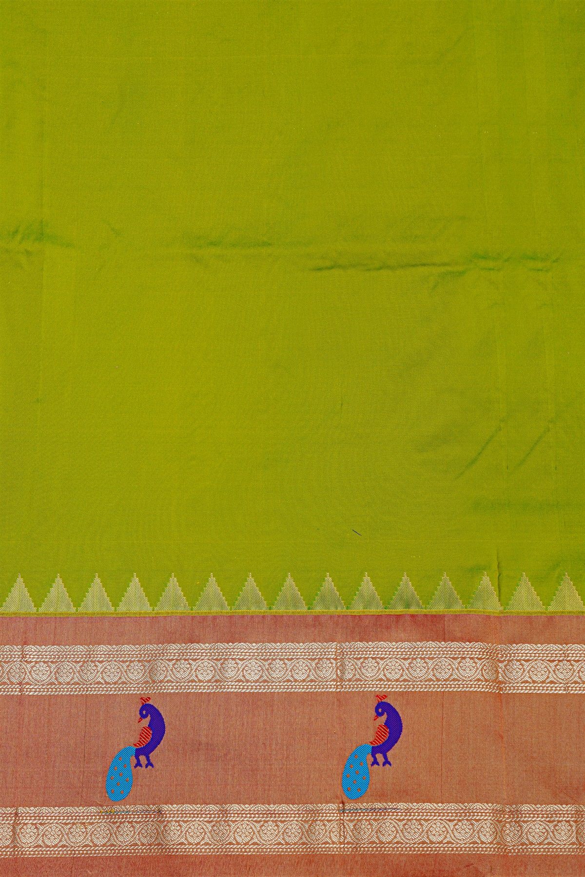 Narayanpet Silk Parrot Green Saree With Gap Border And Peacock Design