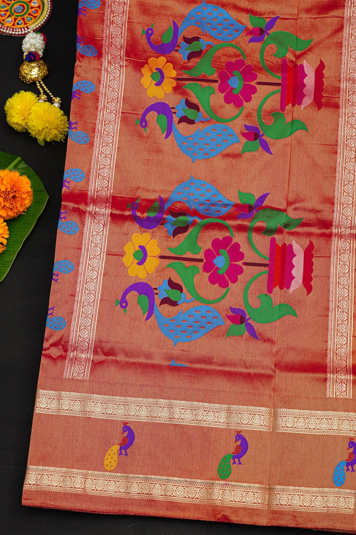 Narayanpet Silk Rani Pink Saree With Contrast Peacock Motifs Border