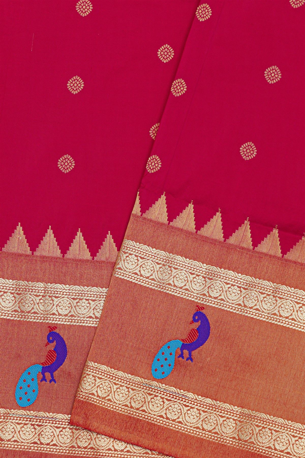 Narayanpet Silk Rani Pink Saree With Contrast Peacock Motifs Border