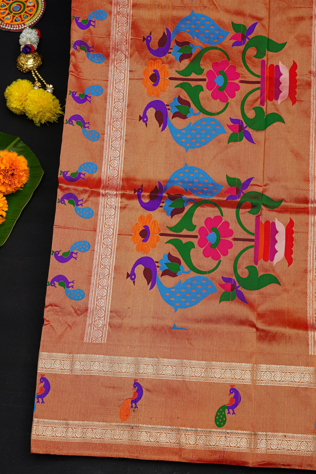 Narayanpet Silk Bottle Green Saree With Florals And Peacocks In Paithani Pallu