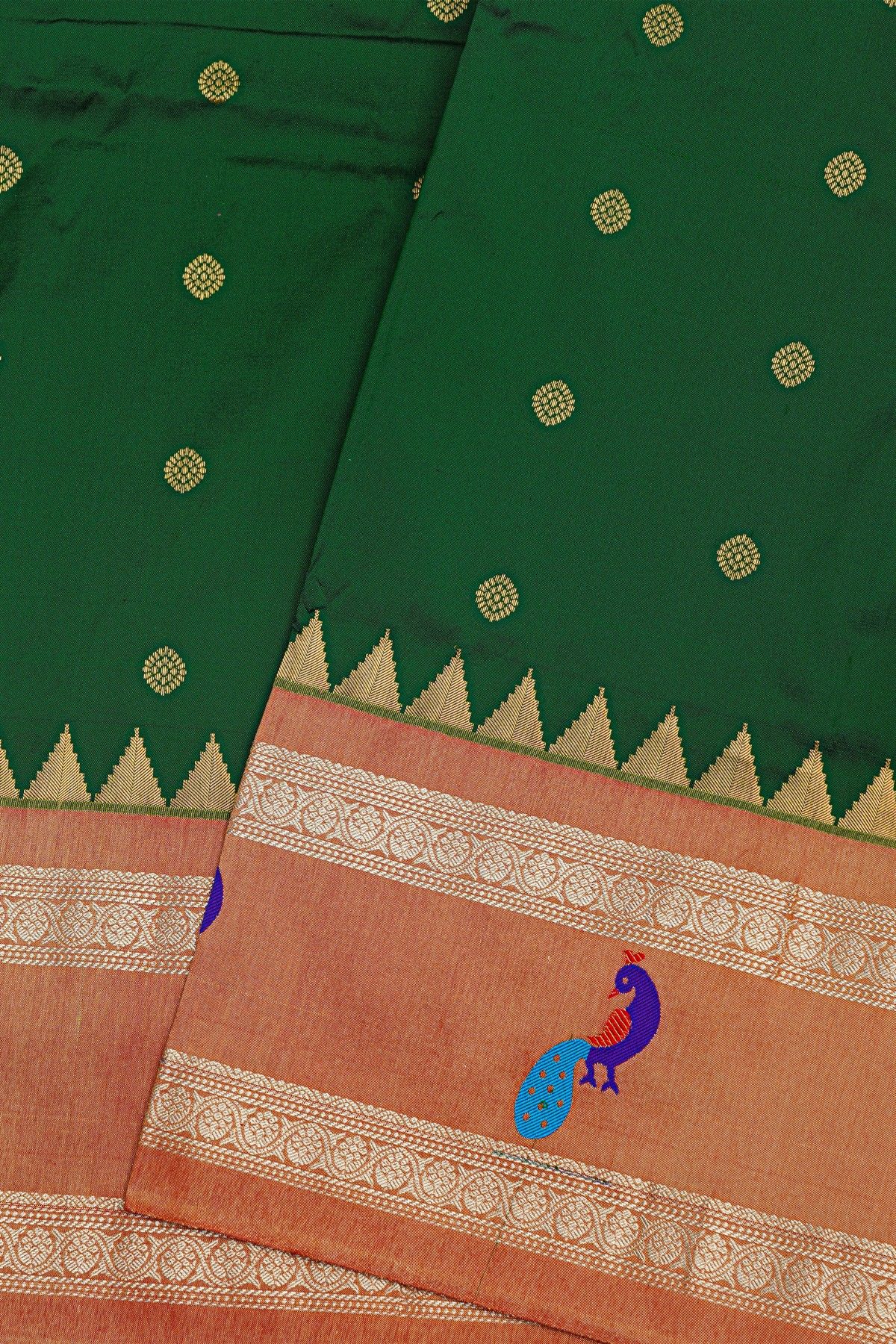 Narayanpet Silk Bottle Green Saree With Florals And Peacocks In Paithani Pallu