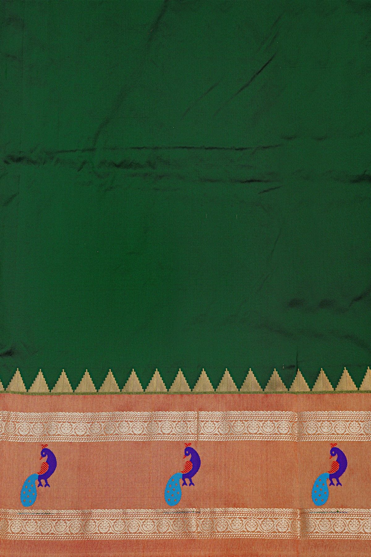 Narayanpet Silk Bottle Green Saree With Florals And Peacocks In Paithani Pallu