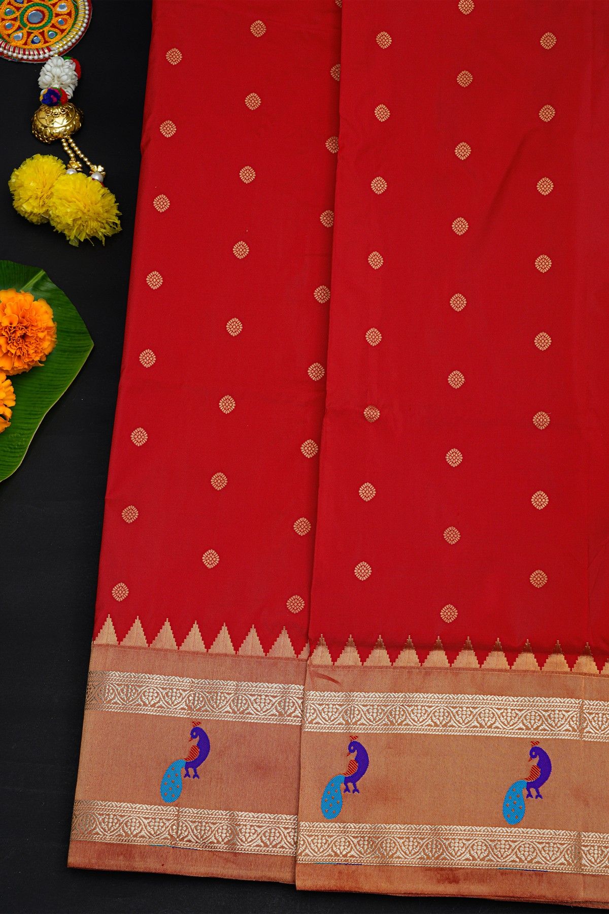 Narayanpet Silk Red Saree With Contrast Peacock Motifs Border