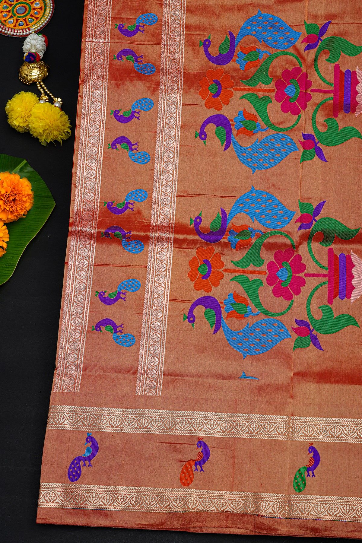 Narayanpet Silk Red Saree With Contrast Peacock Motifs Border