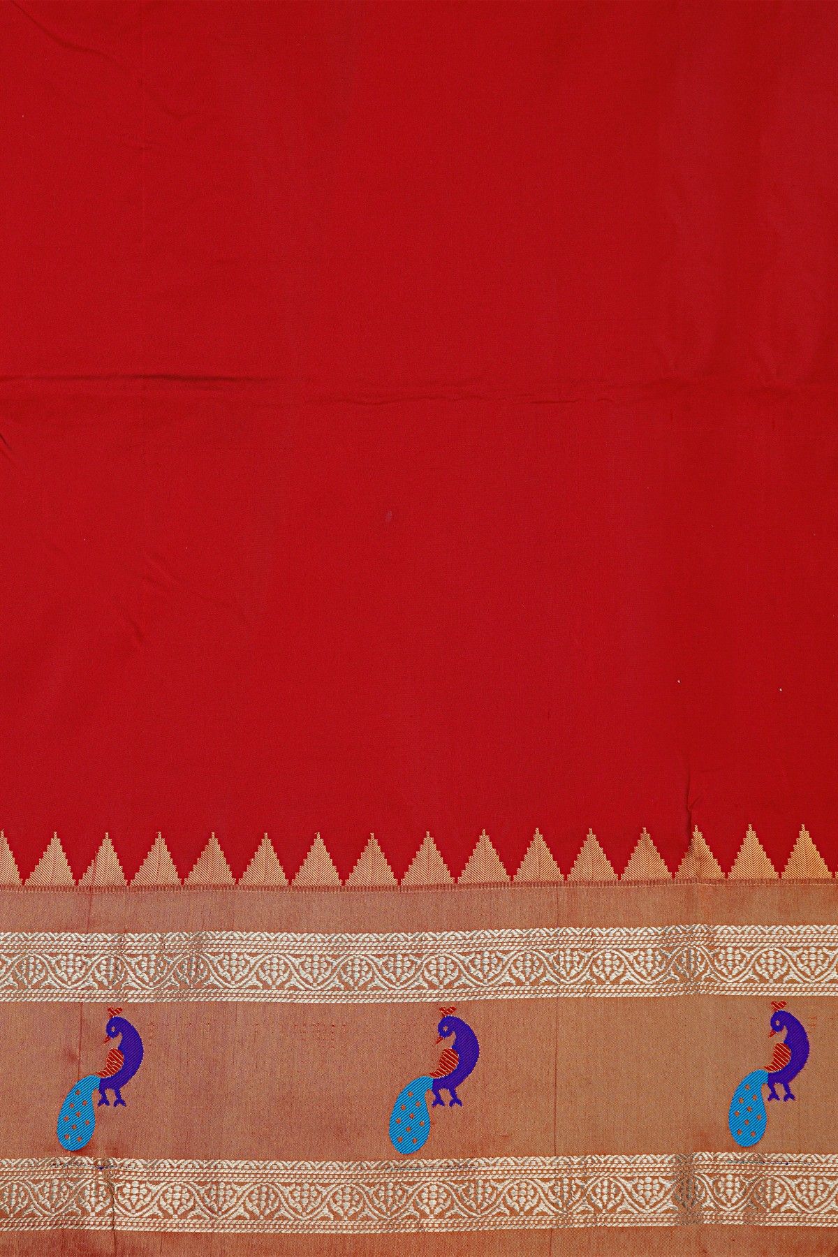 Narayanpet Silk Red Saree With Contrast Peacock Motifs Border