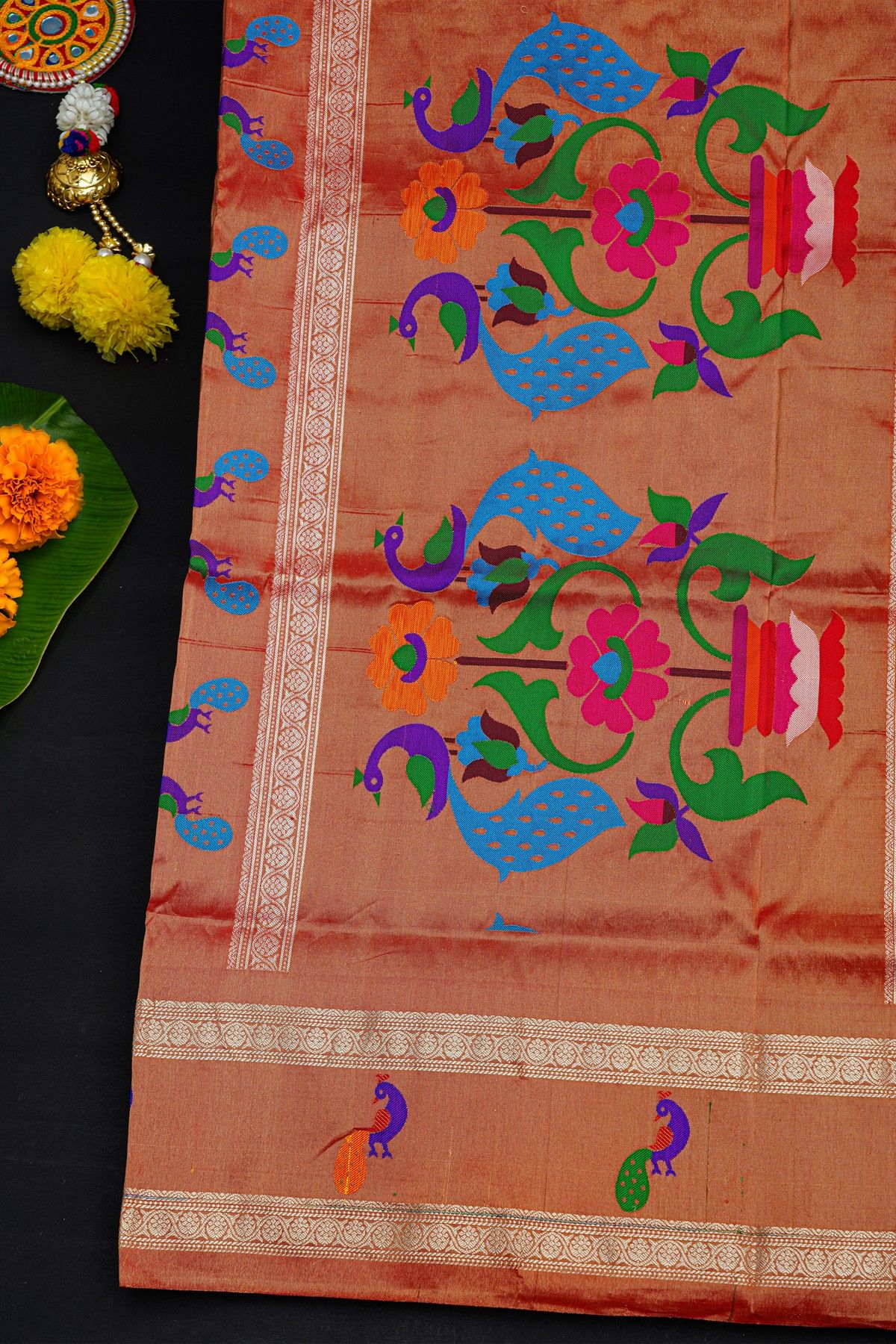 Narayanpet Silk Sea Green Saree With Contrast Peacock Motifs Border