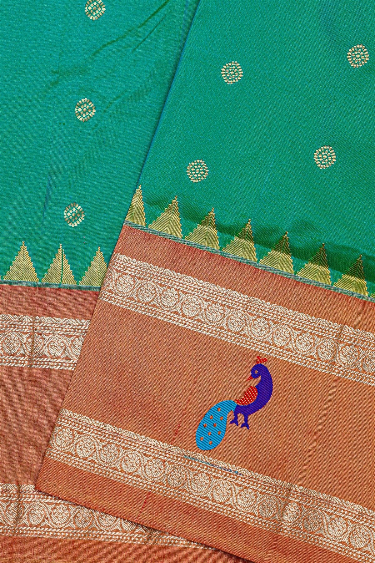 Narayanpet Silk Sea Green Saree With Contrast Peacock Motifs Border