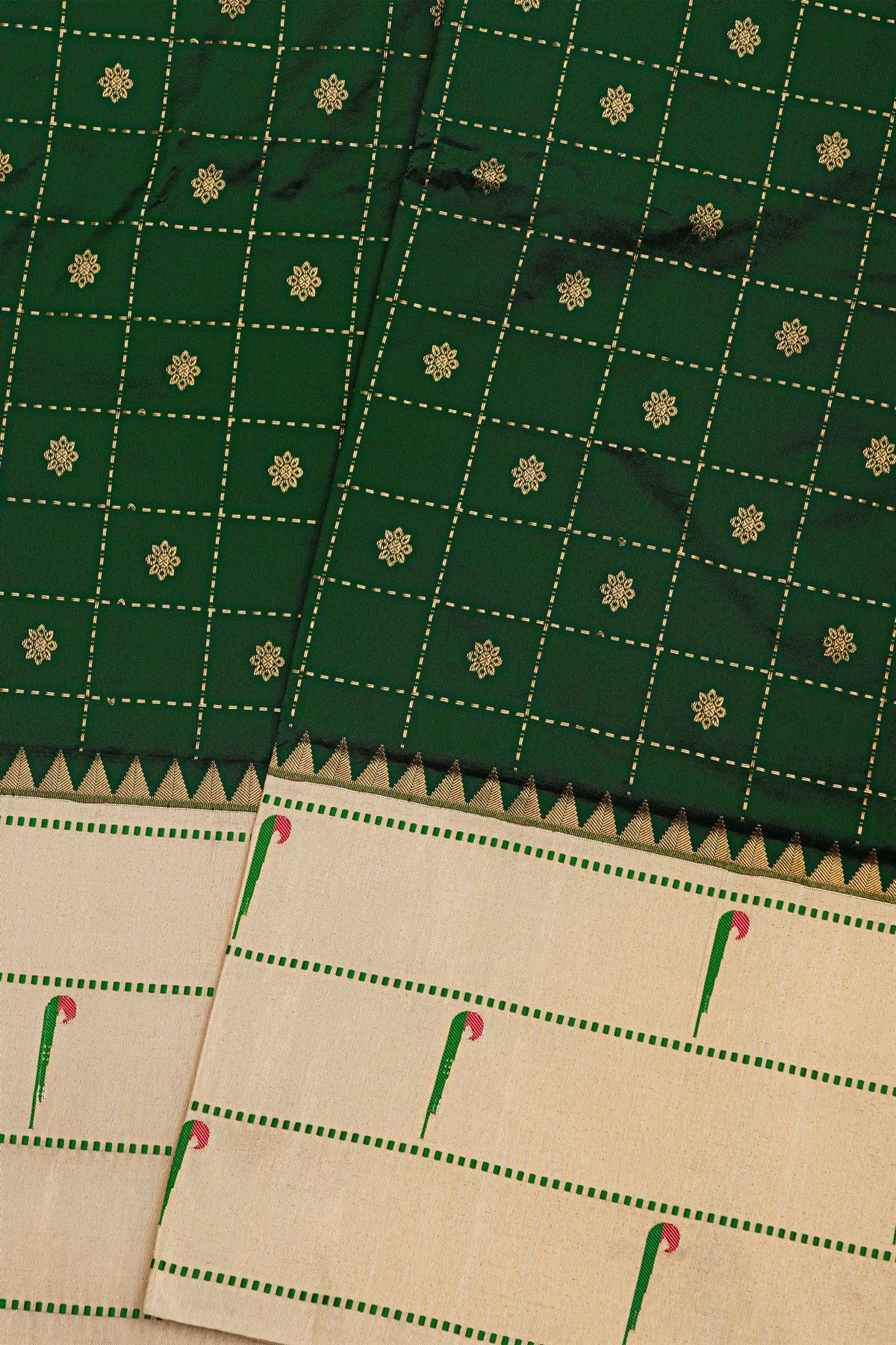 Narayanpet Silk Bottle Green Saree With Muniya Buttis Border