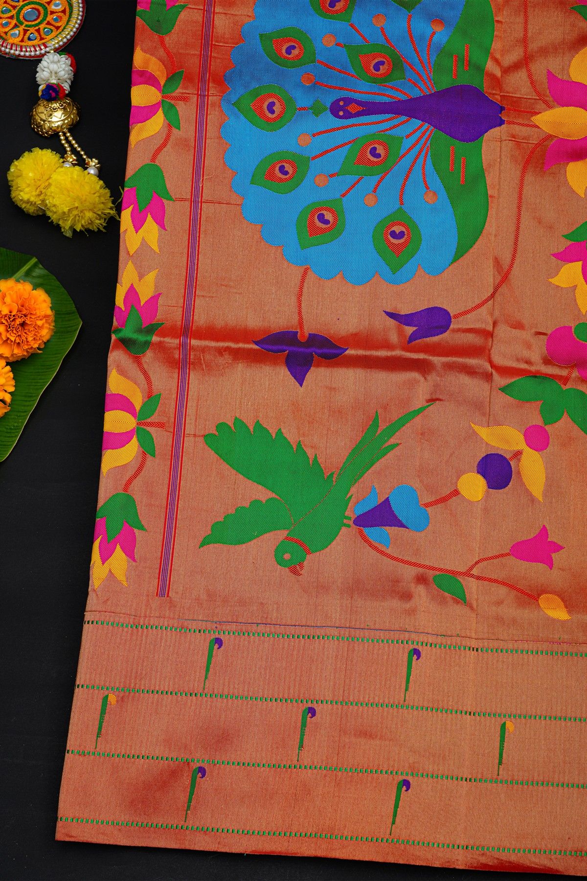 Narayanpet Silk Sea Green Saree With Muniya Buttis Border