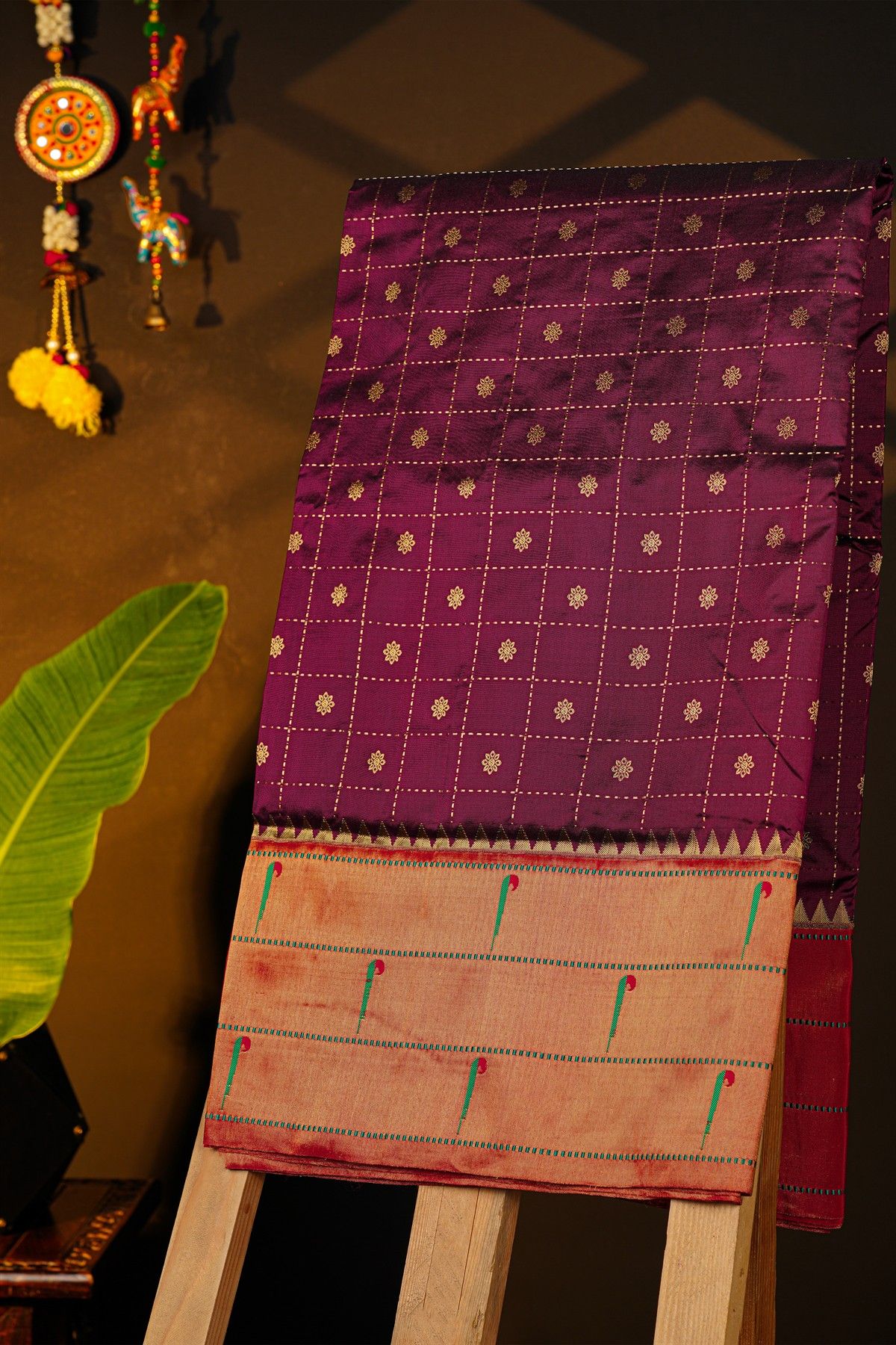 Narayanpet Silk Dark Wine Saree With Muniya Buttis Border