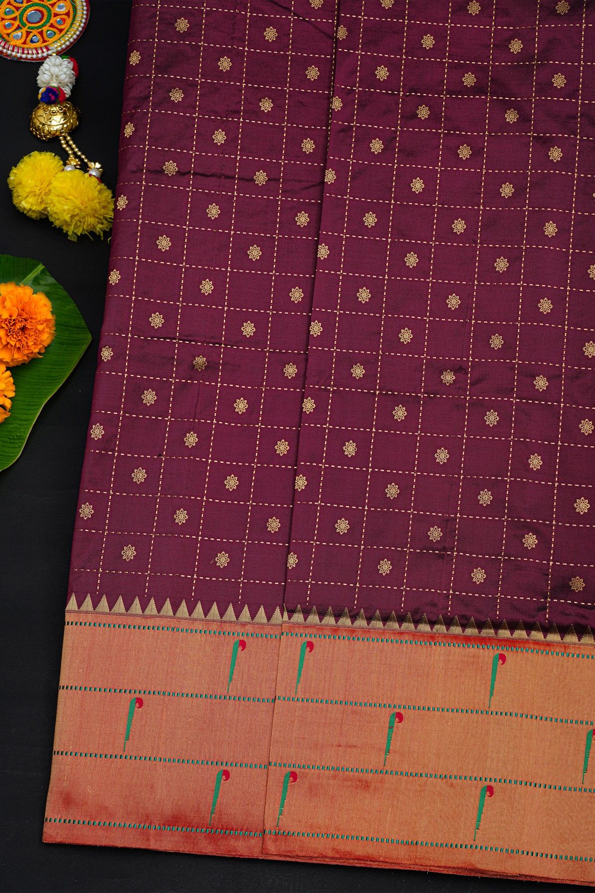 Narayanpet Silk Dark Wine Saree With Muniya Buttis Border