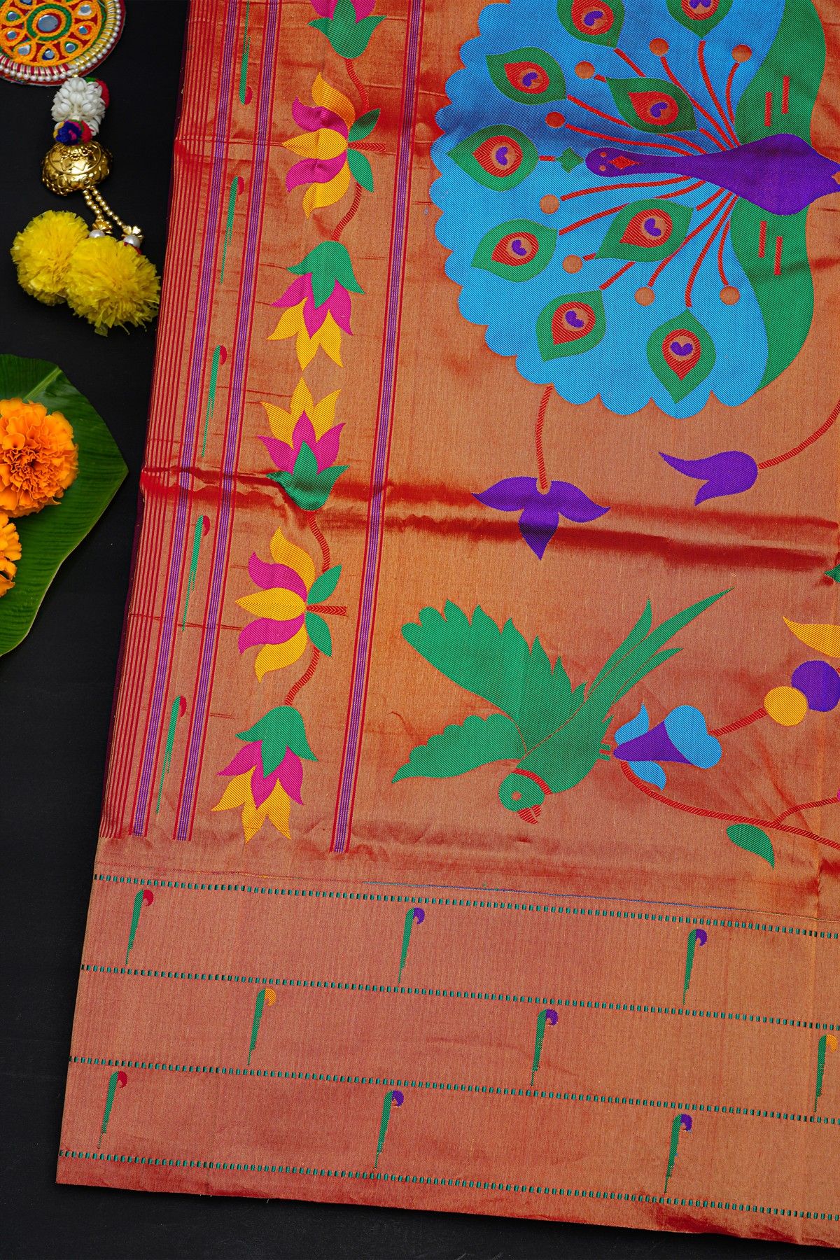 Narayanpet Silk Dark Wine Saree With Muniya Buttis Border
