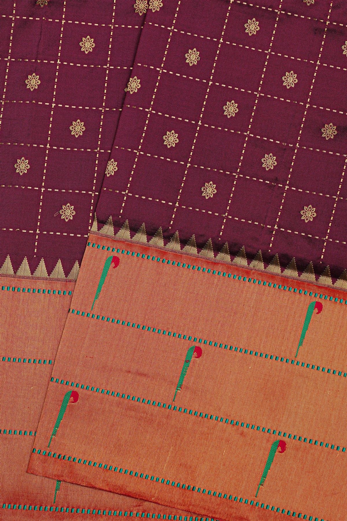 Narayanpet Silk Dark Wine Saree With Muniya Buttis Border