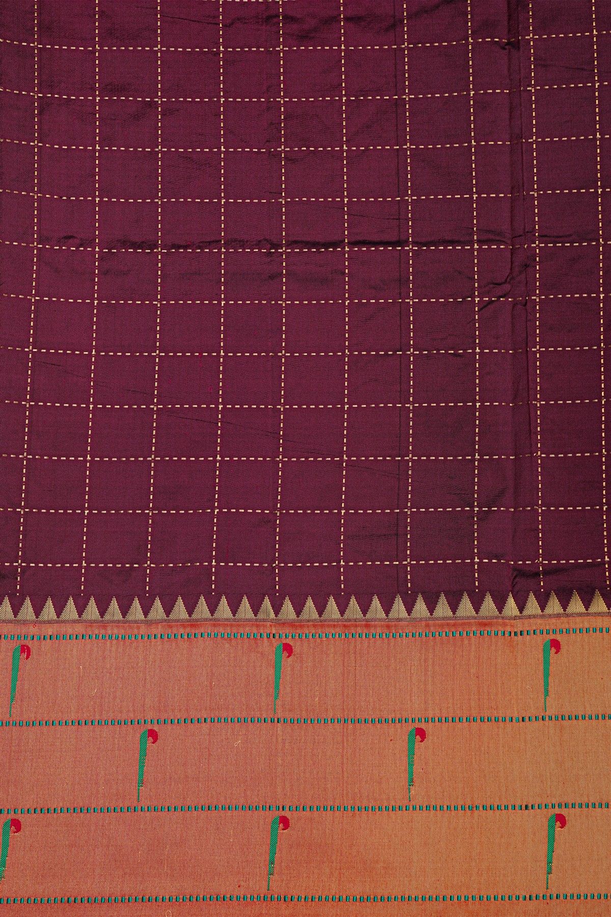Narayanpet Silk Dark Wine Saree With Muniya Buttis Border