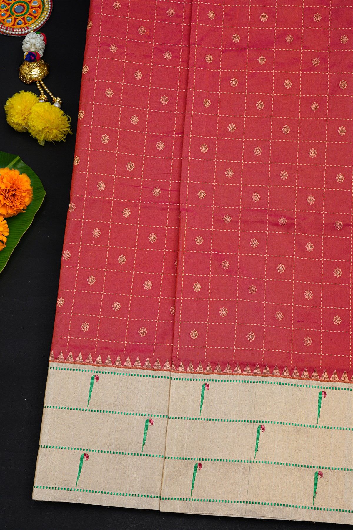 Narayanpet Silk Red Saree With Muniya Buttis Border