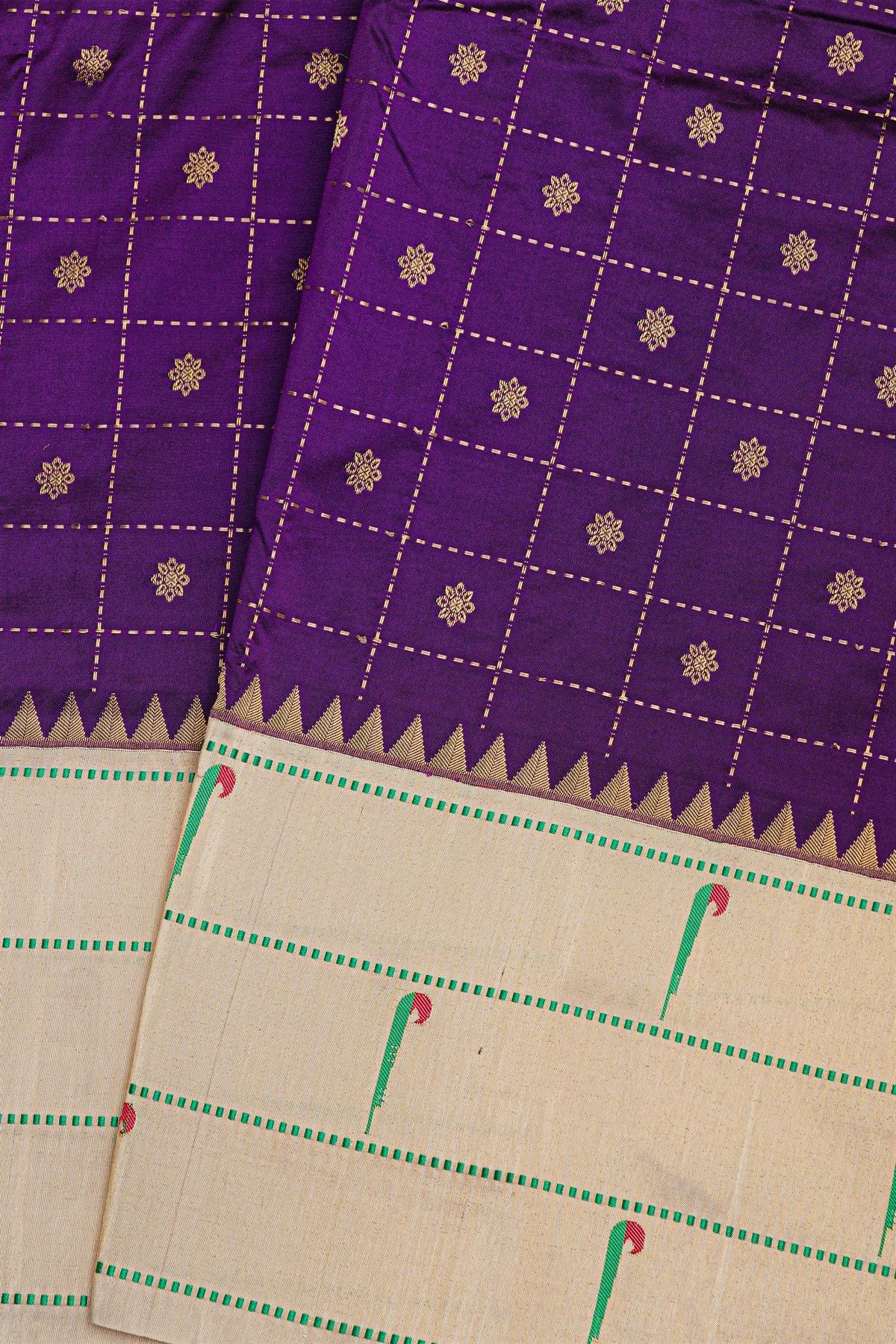 Narayanpet Silk Violet Saree With Muniya Buttis Border