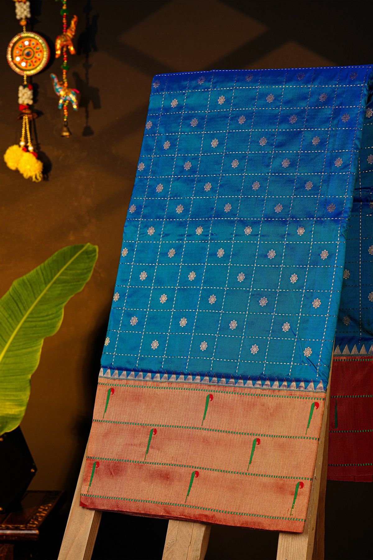 Narayanpet Silk Teal Blue Saree With Muniya Buttis Border
