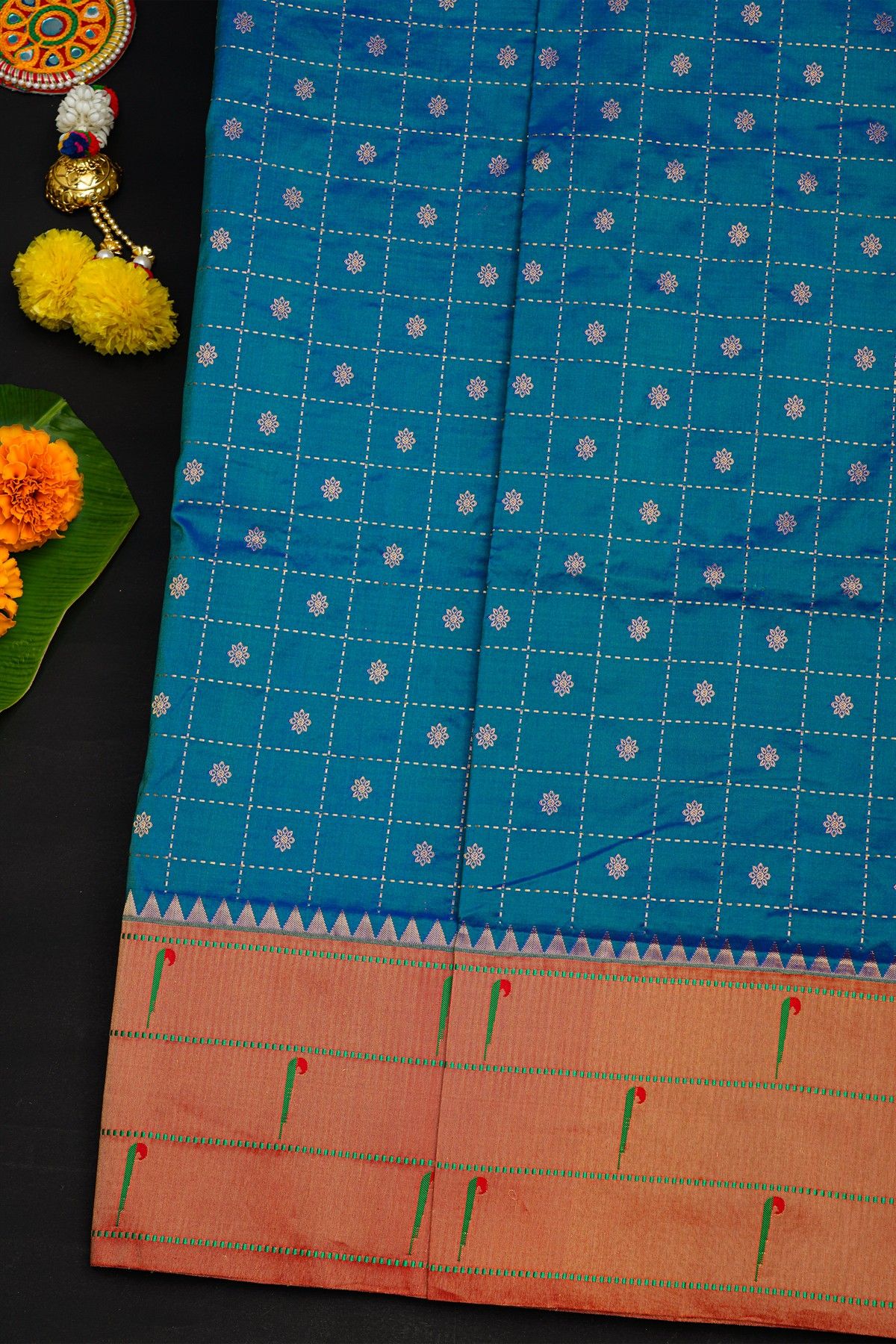 Narayanpet Silk Teal Blue Saree With Muniya Buttis Border