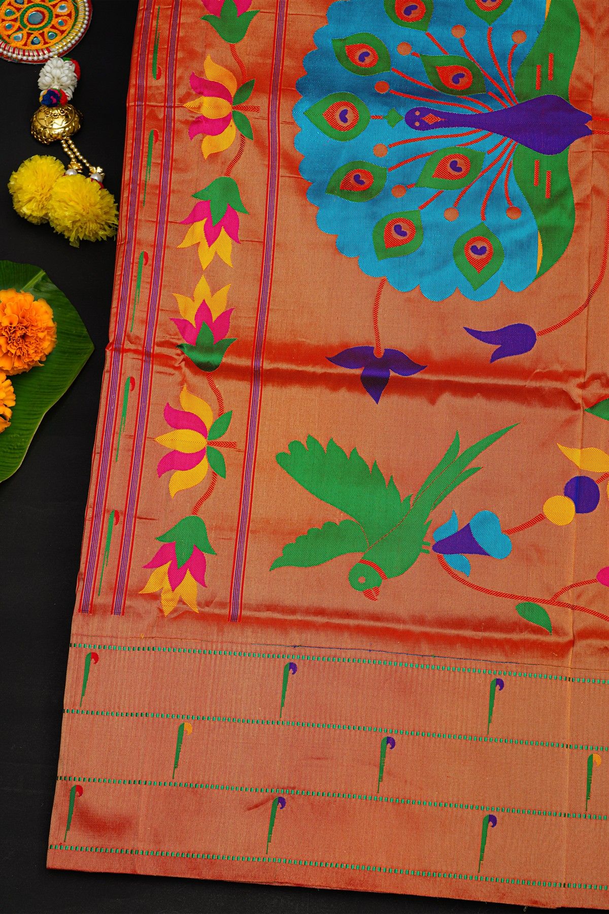 Narayanpet Silk Teal Blue Saree With Muniya Buttis Border