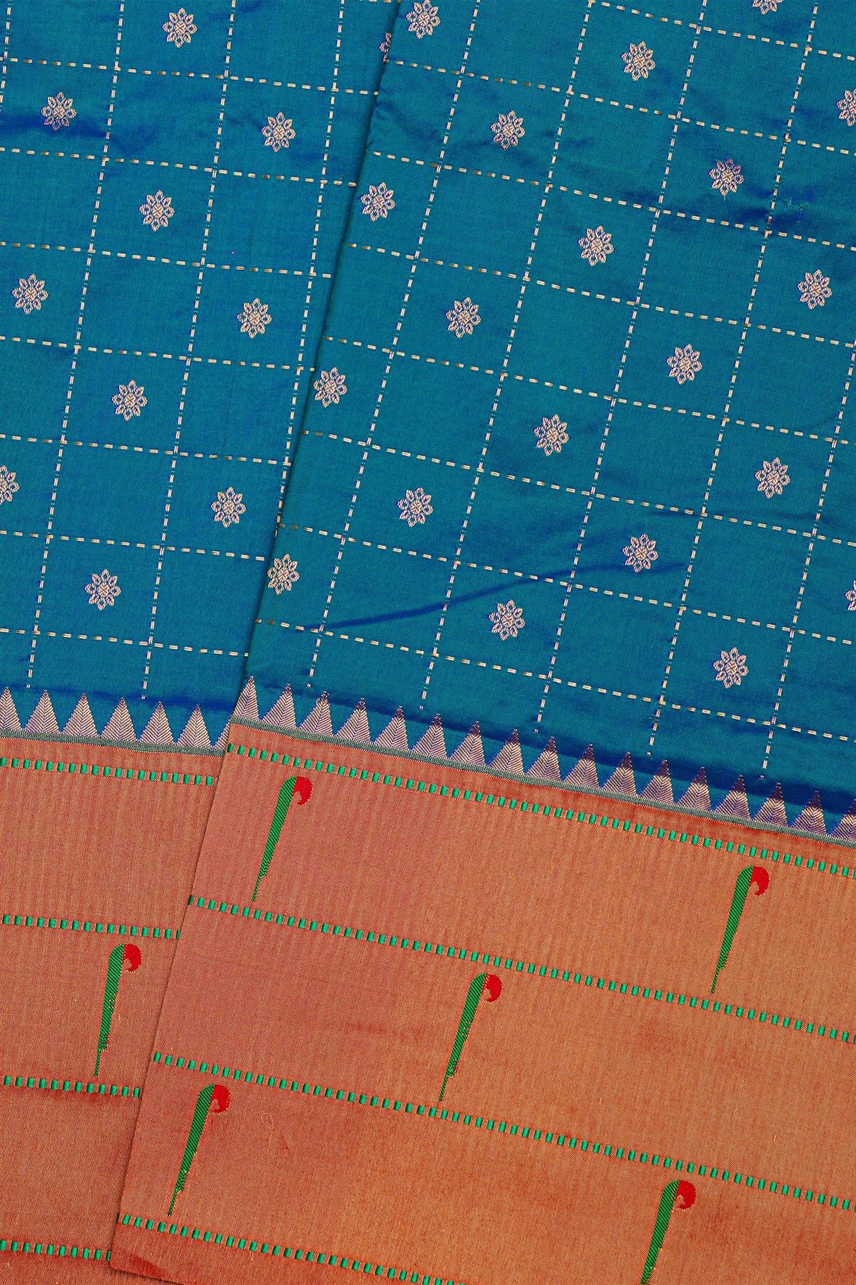 Narayanpet Silk Teal Blue Saree With Muniya Buttis Border