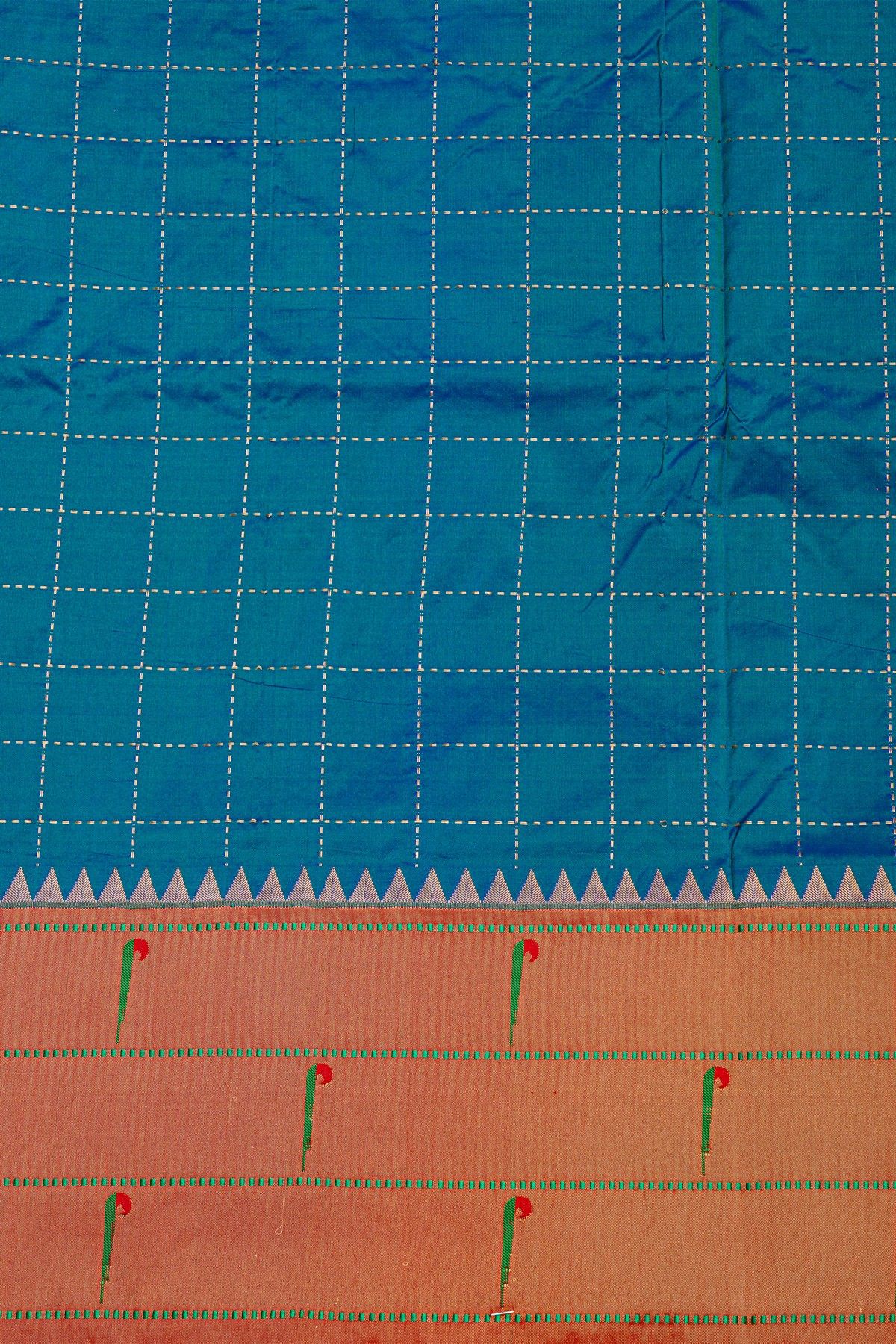 Narayanpet Silk Teal Blue Saree With Muniya Buttis Border
