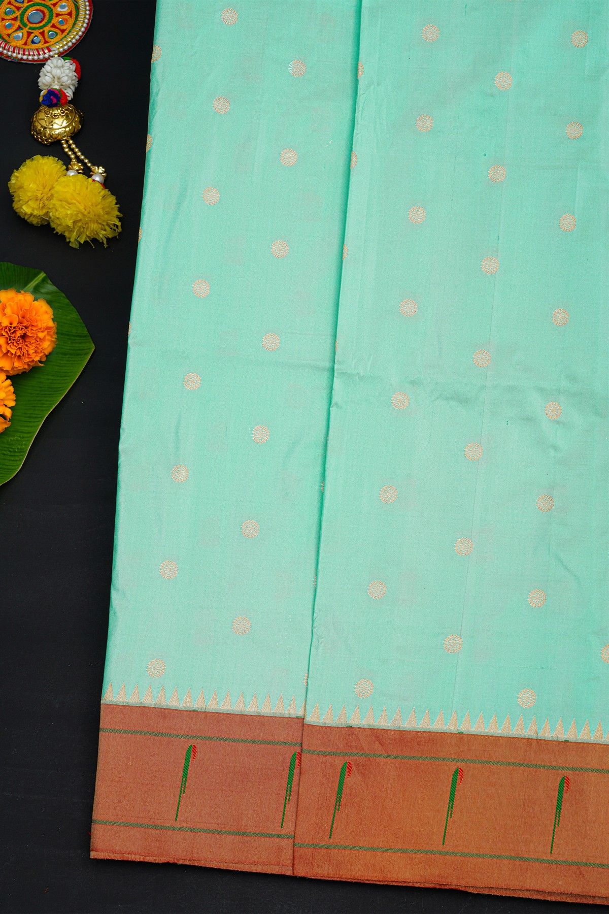 Narayanpet Silk Mint Green Saree With Muniya Buttis Border