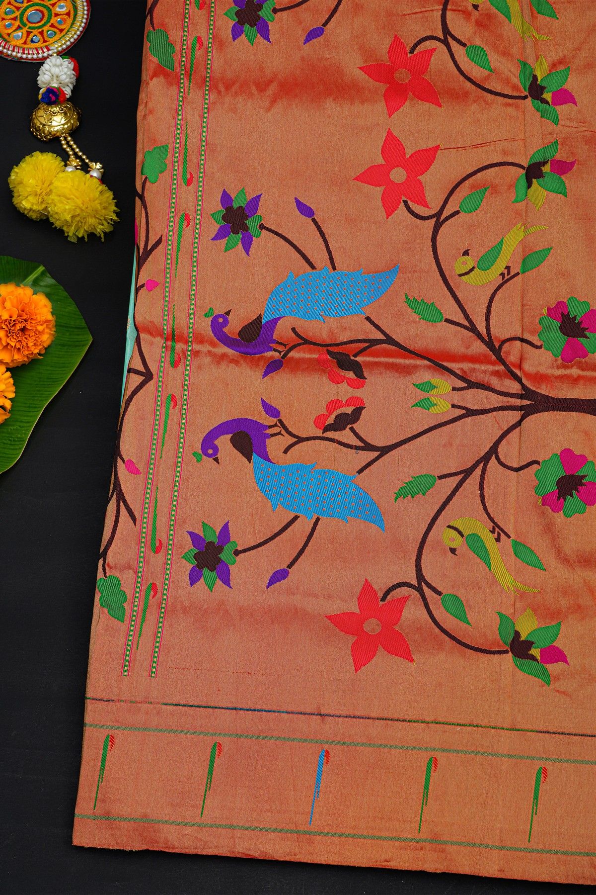 Narayanpet Silk Mint Green Saree With Muniya Buttis Border