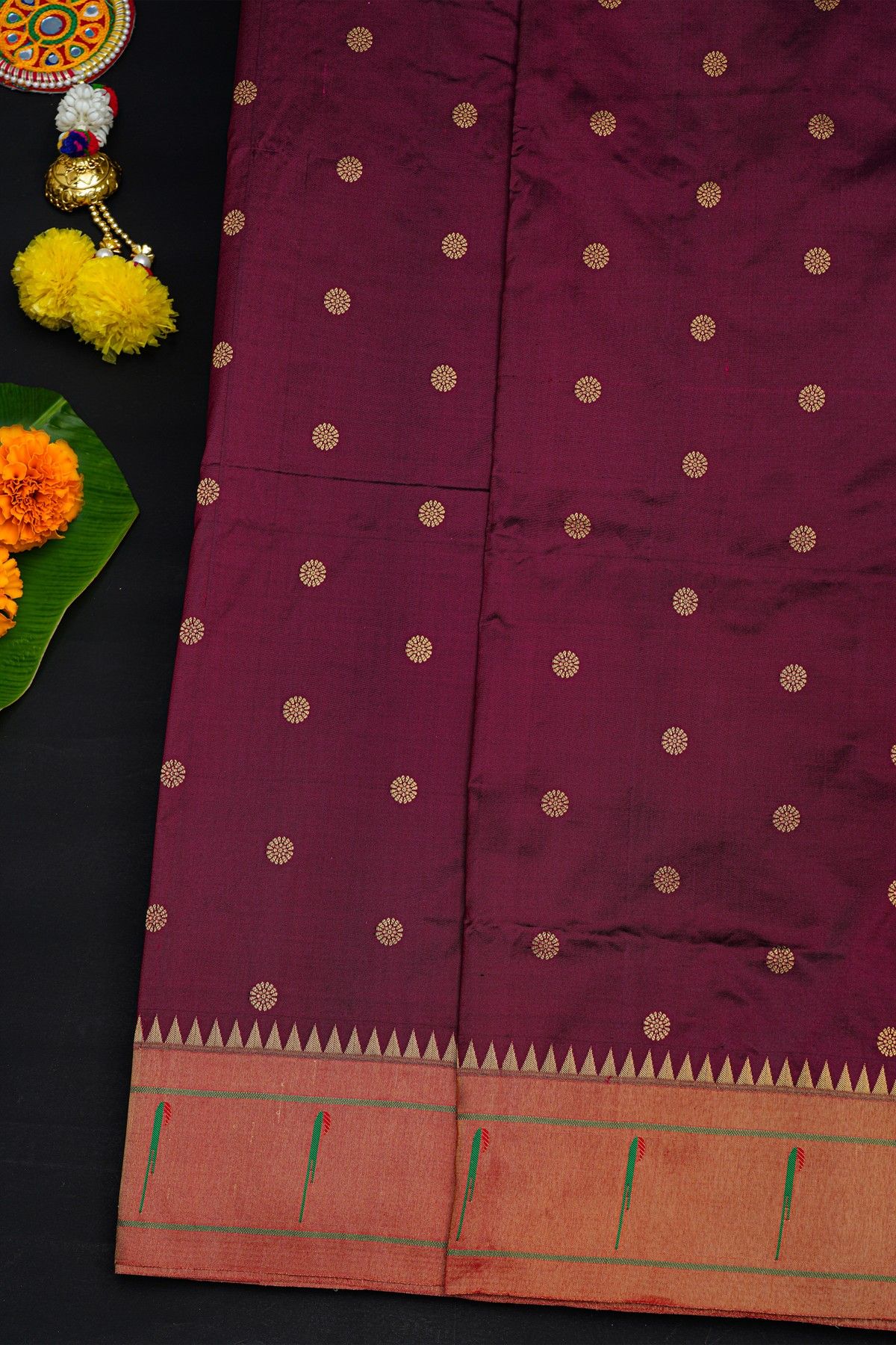 Narayanpet Silk Dark Wine Saree With Muniya Buttis Border