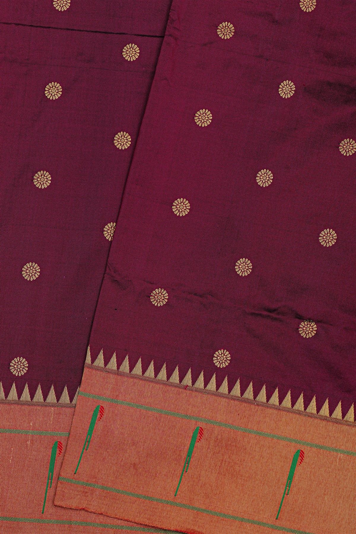 Narayanpet Silk Dark Wine Saree With Muniya Buttis Border