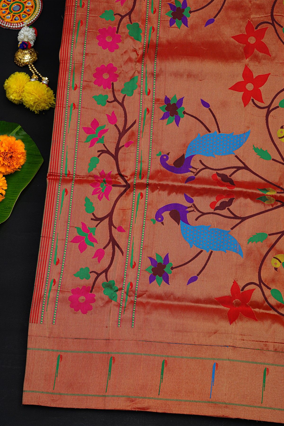 Narayanpet Silk Dark Maroon Saree With Muniya Buttis Border