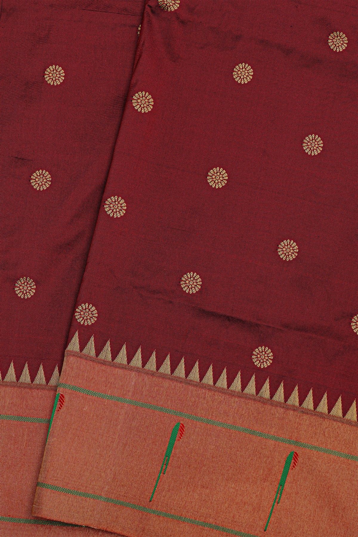 Narayanpet Silk Dark Maroon Saree With Muniya Buttis Border