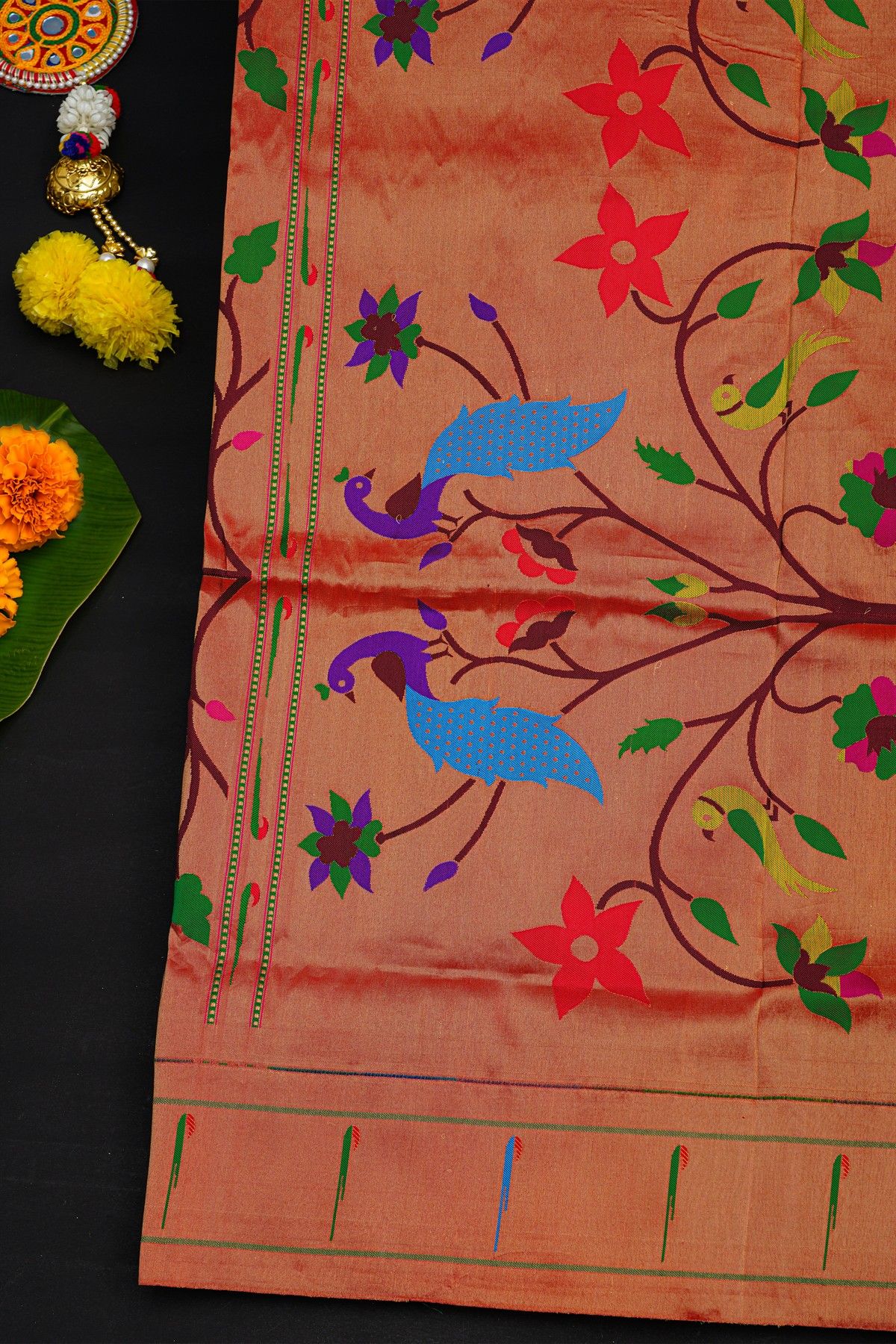 Narayanpet Silk Bottle Green Saree With Muniya Buttis Border