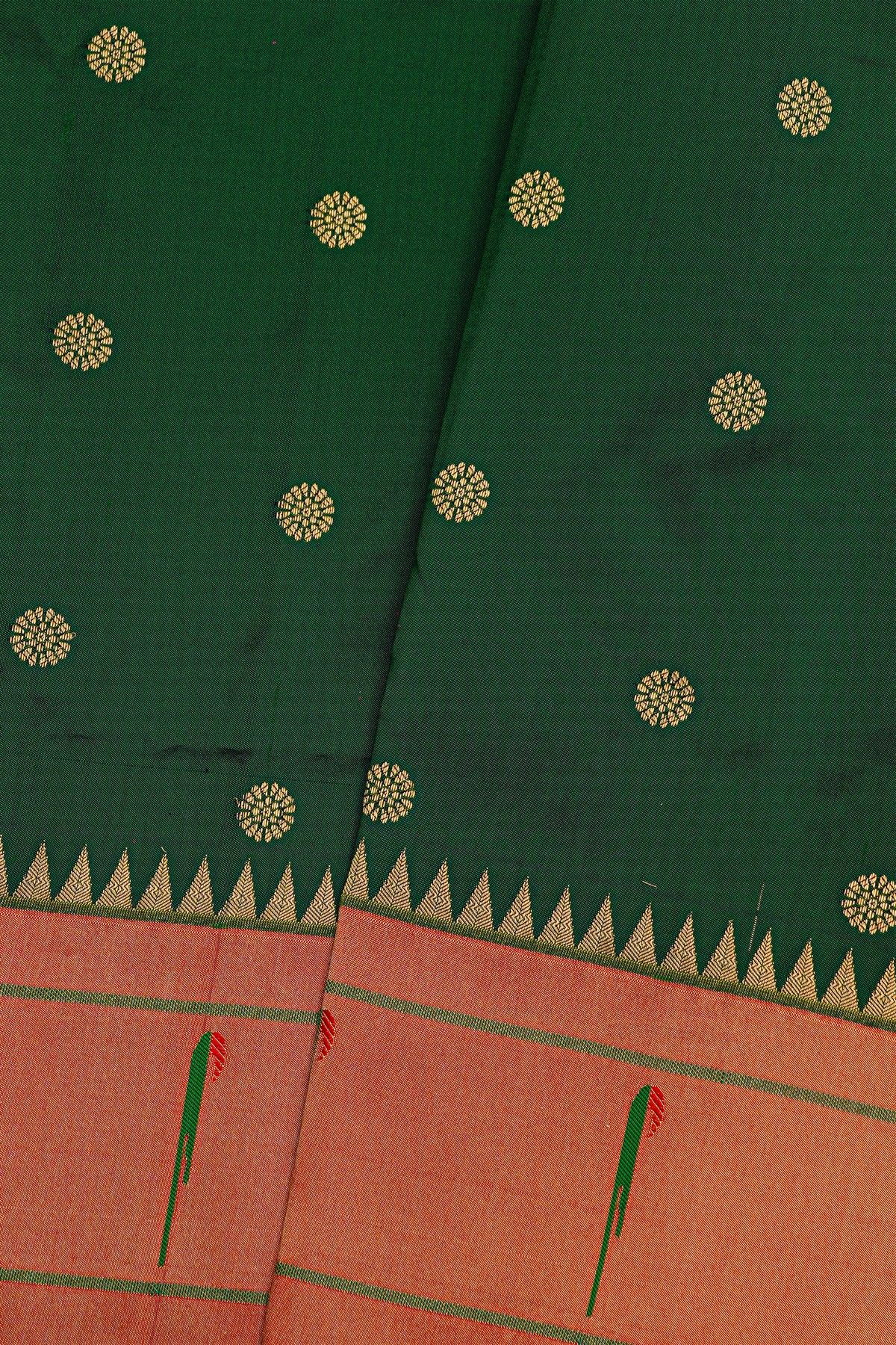 Narayanpet Silk Bottle Green Saree With Muniya Buttis Border