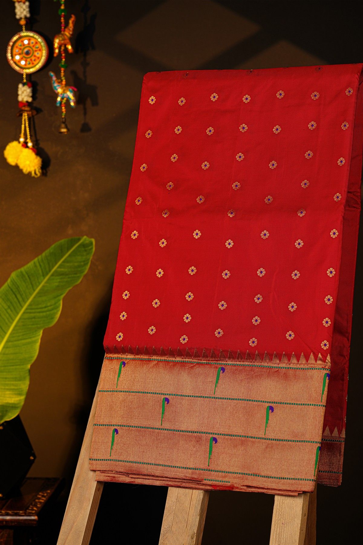 Narayanpet Silk Red Saree With Muniya Buttis Border