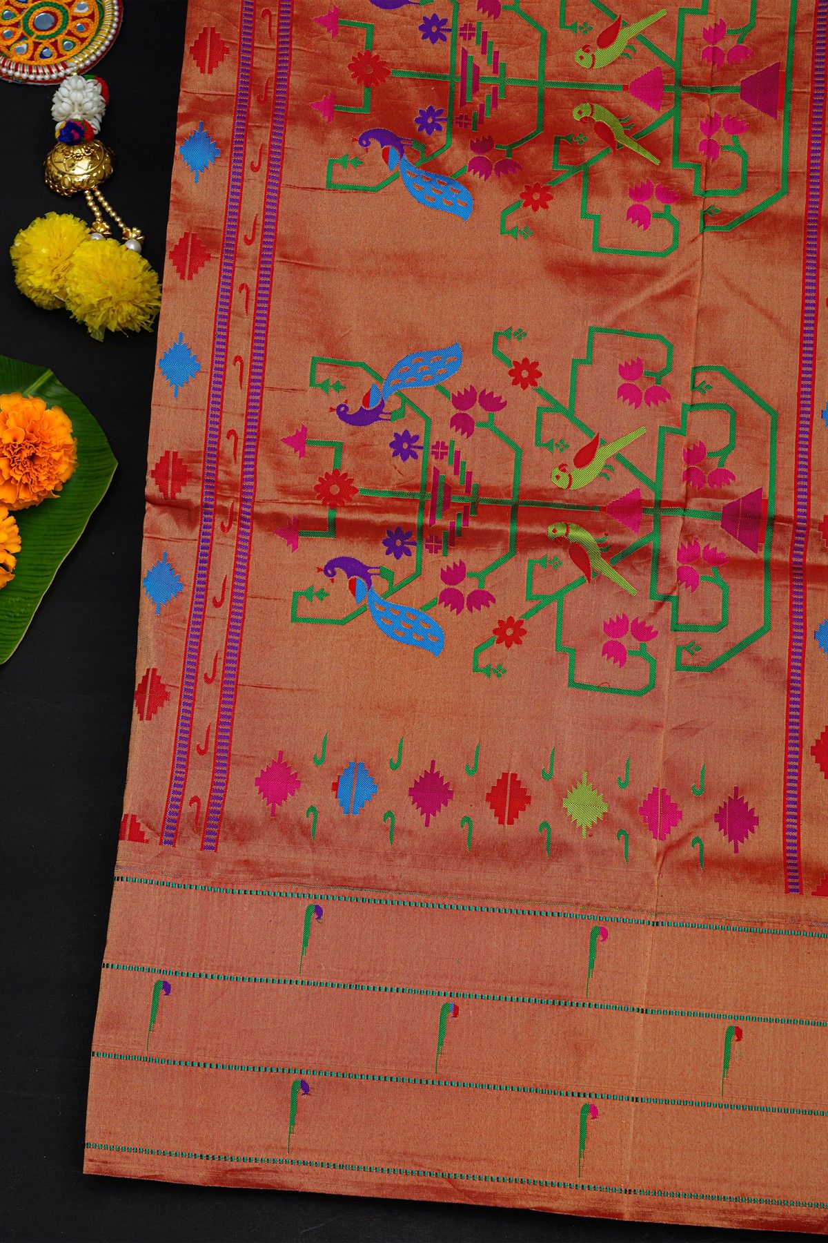 Narayanpet Silk Red Saree With Muniya Buttis Border
