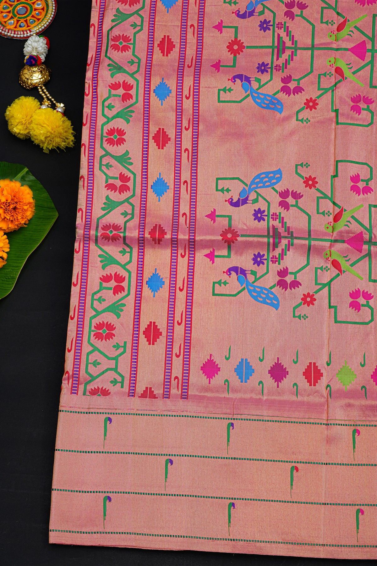 Narayanpet Silk Violet Saree With Muniya Buttis Border