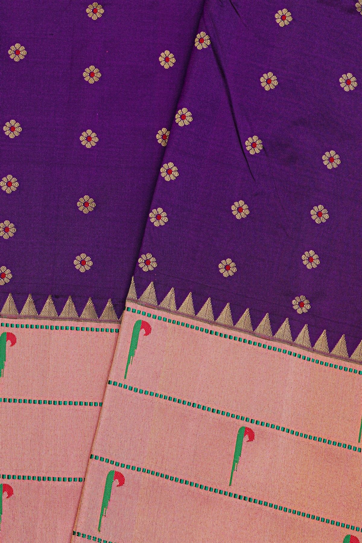 Narayanpet Silk Violet Saree With Muniya Buttis Border