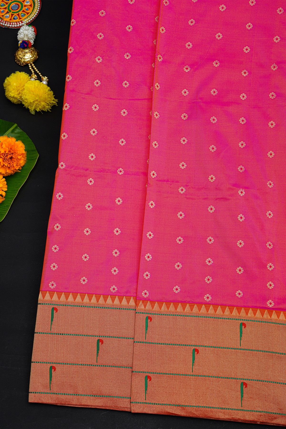 Narayanpet Silk Rani Pink Saree With Muniya Buttis Border