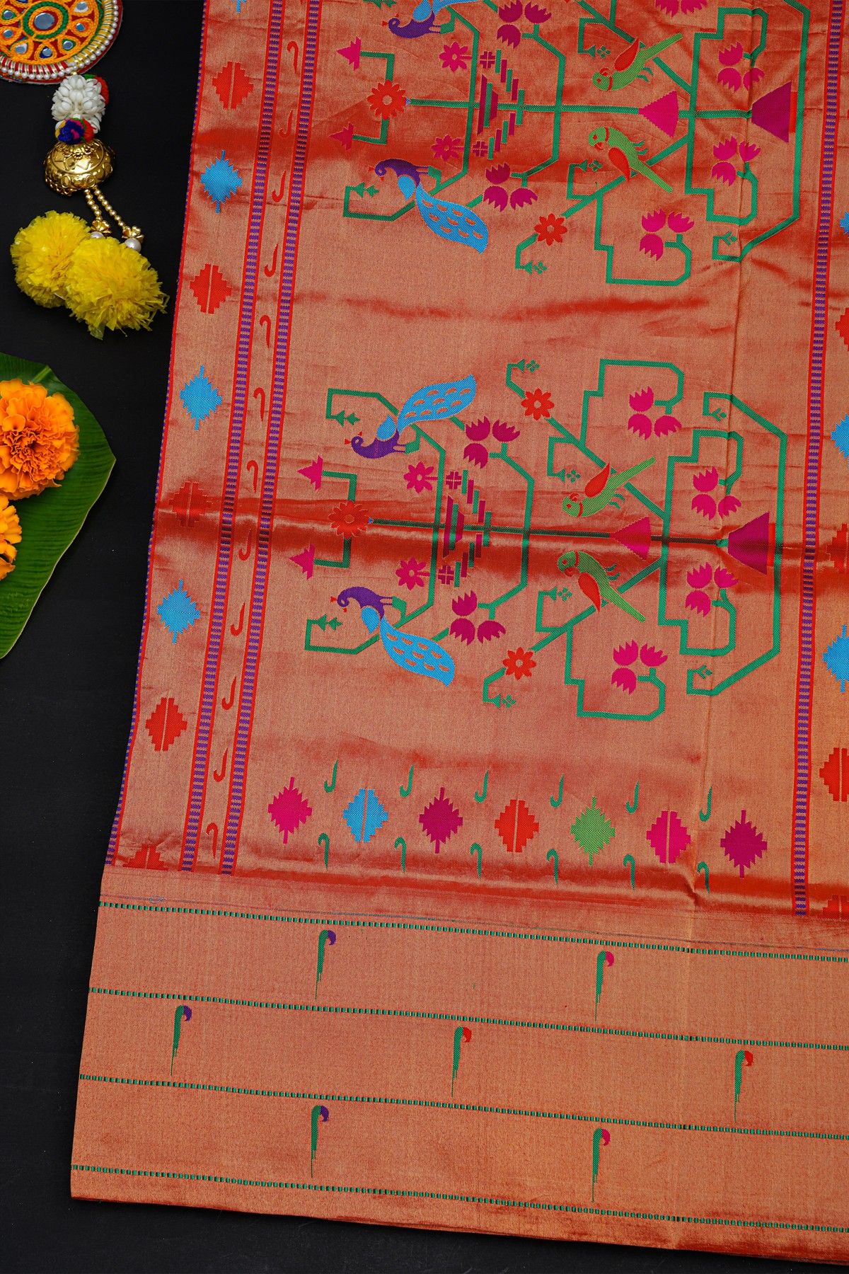 Narayanpet Silk Rani Pink Saree With Muniya Buttis Border